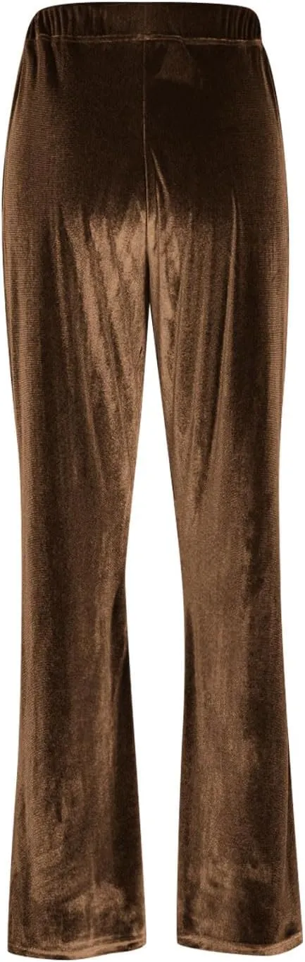 Womens Velvet Pants Low Rise Flare Pants Velour Bell Bottoms Vintage Palazzo Pants with Pockets Trendy Streetwear
