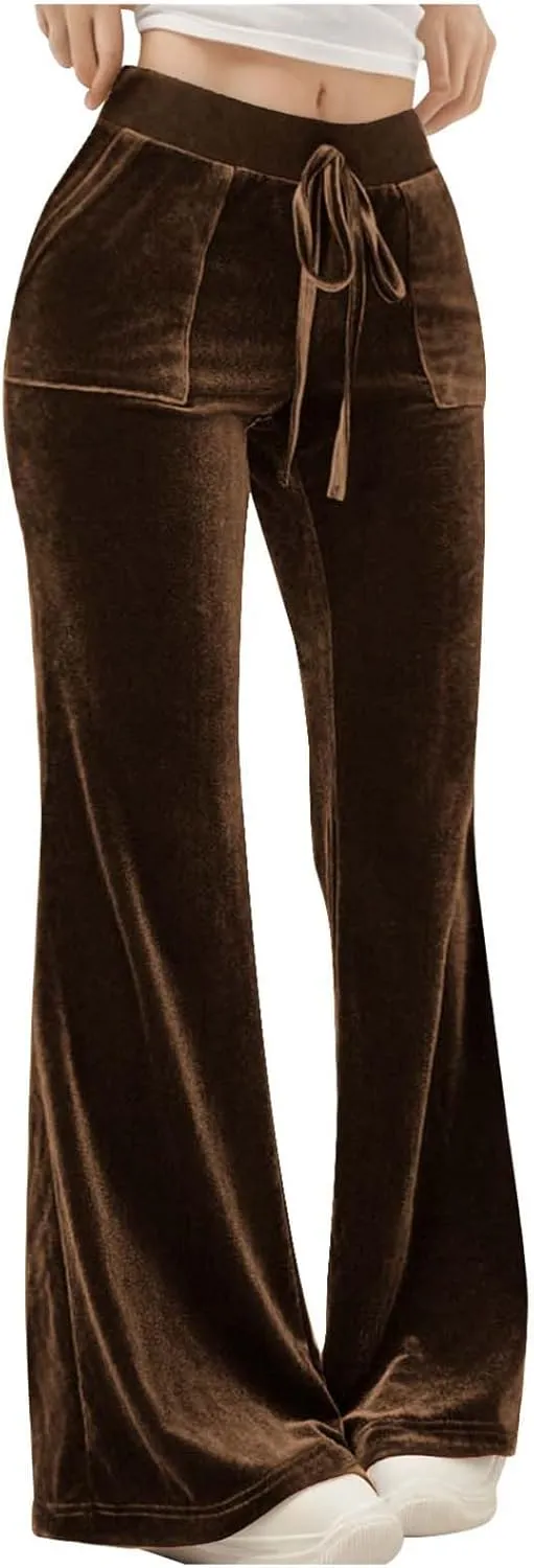 Womens Velvet Pants Low Rise Flare Pants Velour Bell Bottoms Vintage Palazzo Pants with Pockets Trendy Streetwear