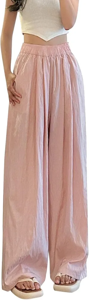 Women's Wide Leg Casual Ice Silk Wrinkled Straight Leg Satin Pants Solid Color Elastic Waist Y2K Trousers with Pocket