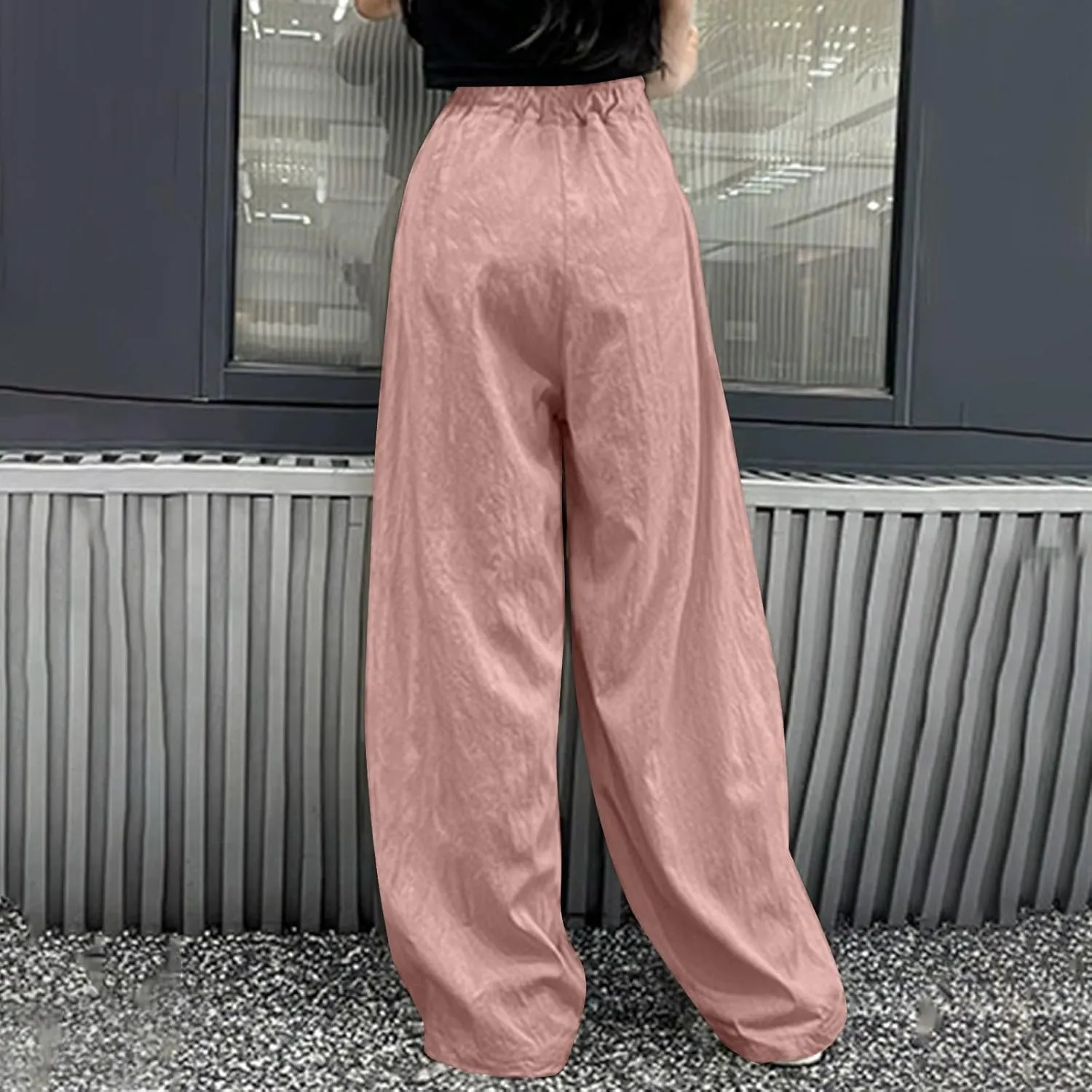 Women's Wide Leg Casual Ice Silk Wrinkled Straight Leg Satin Pants Solid Color Elastic Waist Y2K Trousers with Pocket