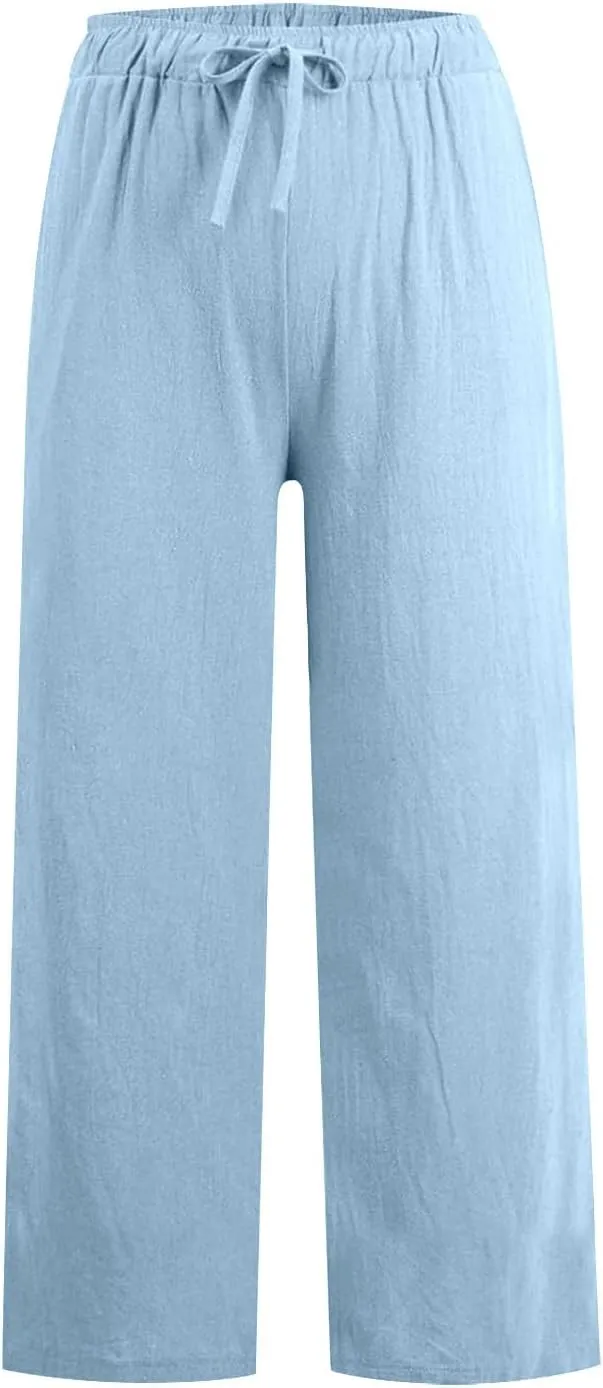 Womens Wide Leg Cotton Linen Pants Casual Loose Fit Summer Trousers Drawstring Flowy Beach Pants with Pockets