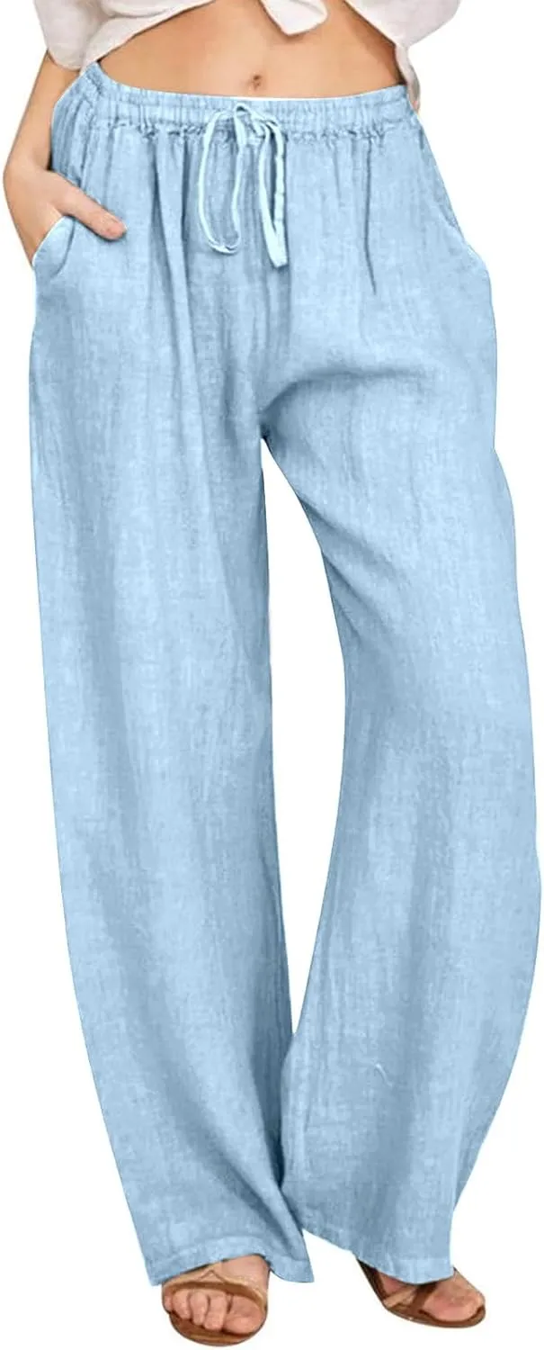 Womens Wide Leg Cotton Linen Pants Casual Loose Fit Summer Trousers Drawstring Flowy Beach Pants with Pockets