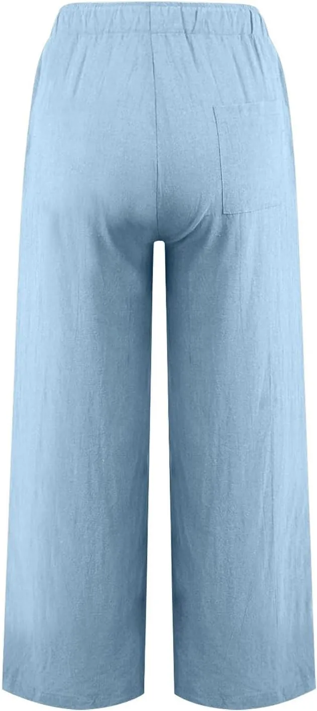Womens Wide Leg Cotton Linen Pants Casual Loose Fit Summer Trousers Drawstring Flowy Beach Pants with Pockets