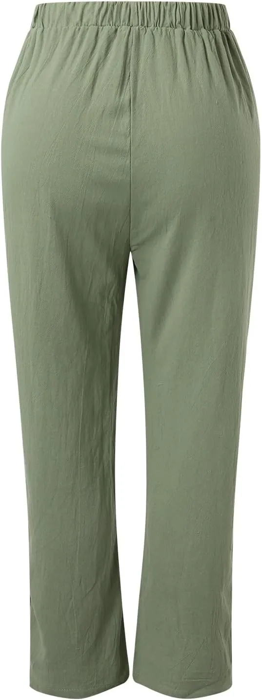Womens Wide Leg Cotton Linen Pants Summer Casual High Waist Lightweight Lounge Slacks Oversized Beach Baggy Trousers