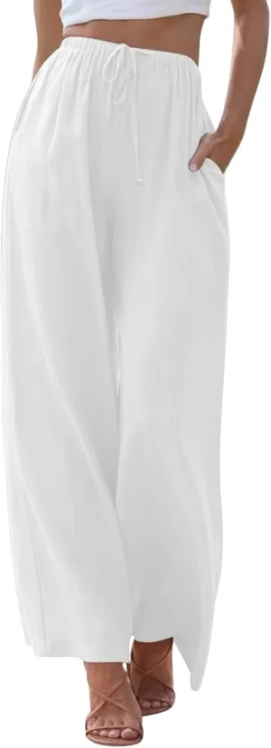 Women's Wide Leg Pants High Elastic Waisted Cotton Linen Pants Summer Palazzo Lounge Pants Casual Comfy Trousers with Pockets