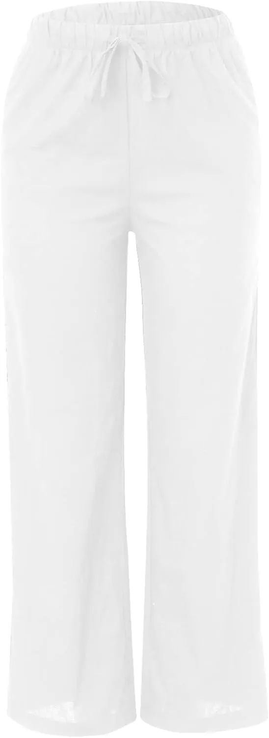 Women's Wide Leg Pants High Elastic Waisted Cotton Linen Pants Summer Palazzo Lounge Pants Casual Comfy Trousers with Pockets