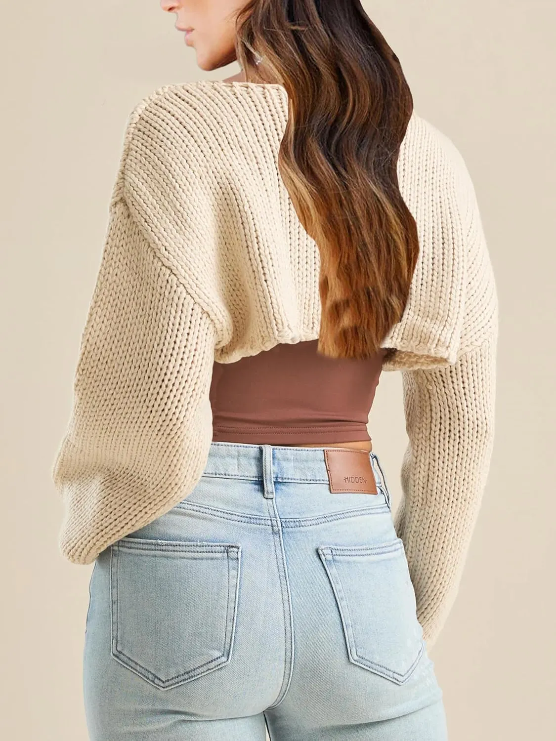 Womens Y2K Crochet Crop Tops Shrug Sweater Young Long Sleeve Shoulder Knit Loose Cropped OutfitsPetite