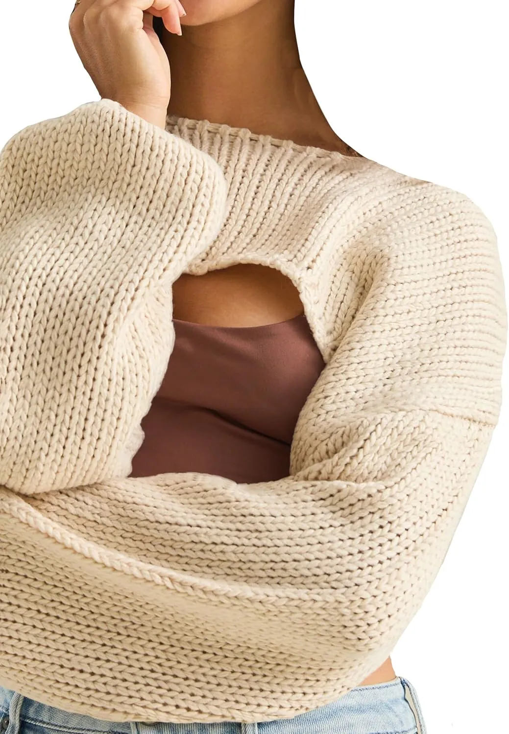 Womens Y2K Crochet Crop Tops Shrug Sweater Young Long Sleeve Shoulder Knit Loose Cropped OutfitsPetite