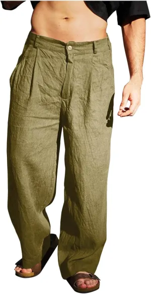 Xiaojmake Linen Pants for Men Casual Loose Fit Elastic Drawstring Waist Baggy Trousers Summer Straight Beach Pant Lightweight