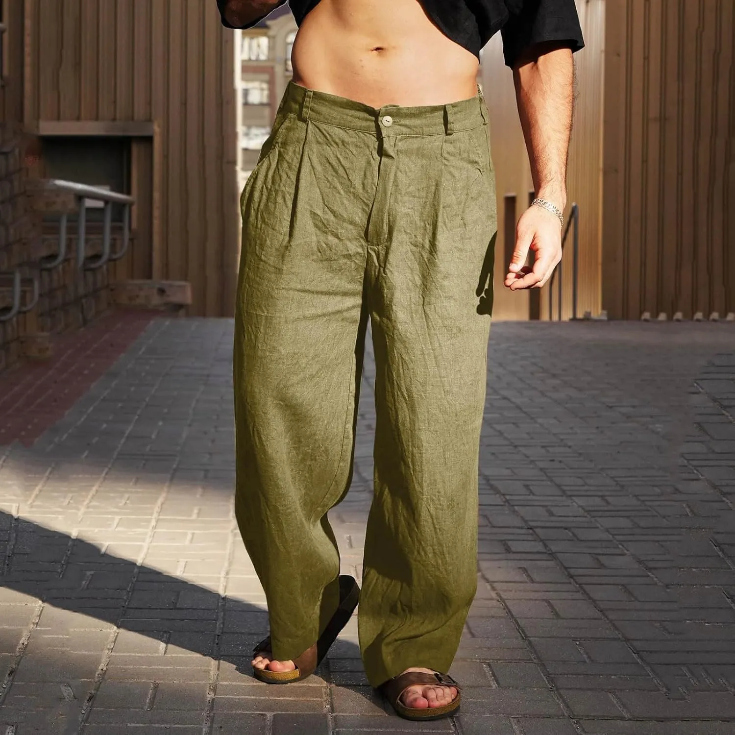 Xiaojmake Linen Pants for Men Casual Loose Fit Elastic Drawstring Waist Baggy Trousers Summer Straight Beach Pant Lightweight