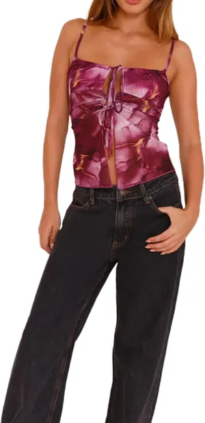 Y2k Front Tie Up Cami Tops for Women Sleeveless Floral Printed Spaghetti Strap Tank Top Trendy Going Out Camisole