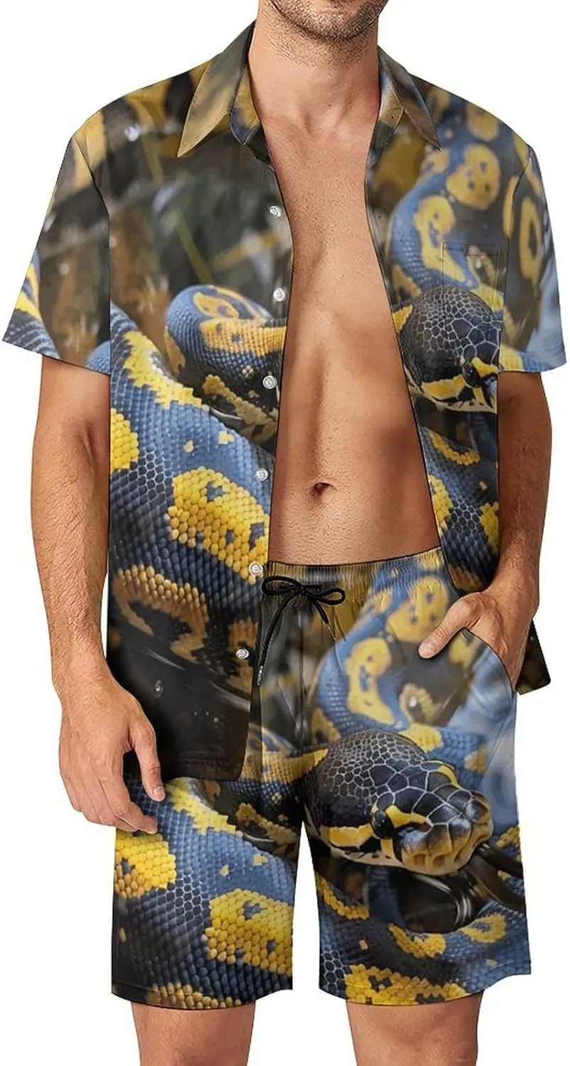 Yellow And Black Python Mens Swimsuit 2 Pieces Set Quick Dry Shorts Shirts Summer Button Down Short Sleeve Set