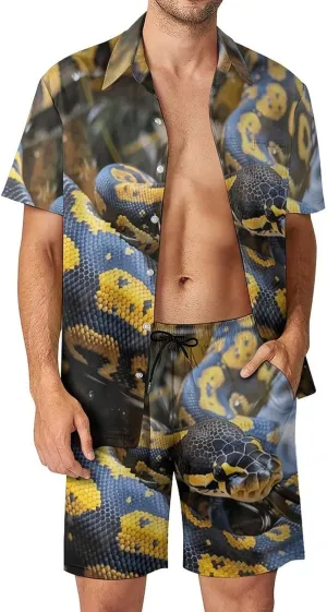 Yellow And Black Python Mens Swimsuit 2 Pieces Set Quick Dry Shorts Shirts Summer Button Down Short Sleeve Set