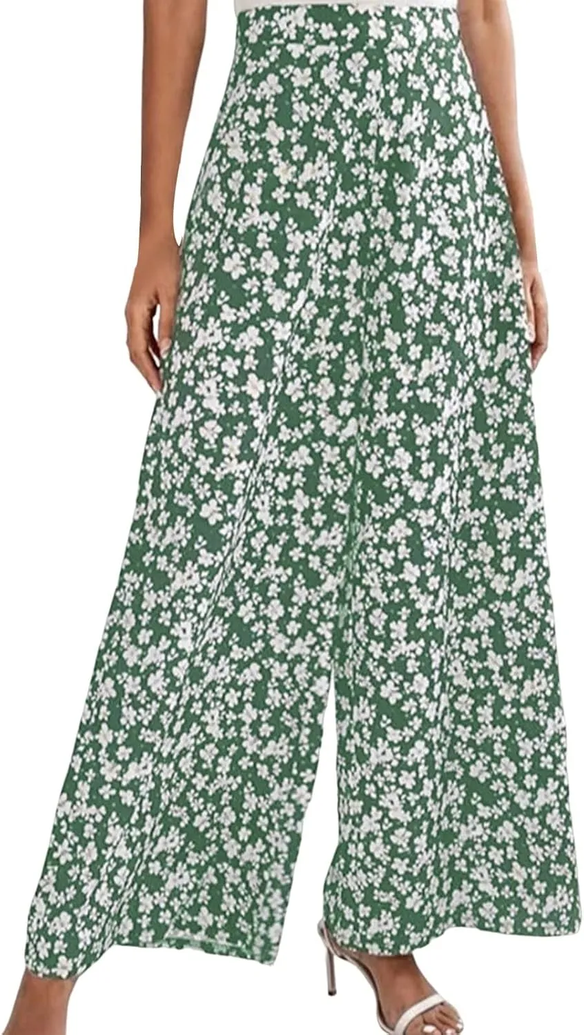 YOLAI Women's Casual Wide Leg Trousers Floral Print Summer Beach Pant Loose High Waist Long Palazzo Pants