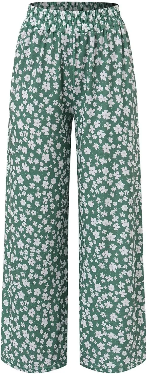 YOLAI Women's Casual Wide Leg Trousers Floral Print Summer Beach Pant Loose High Waist Long Palazzo Pants