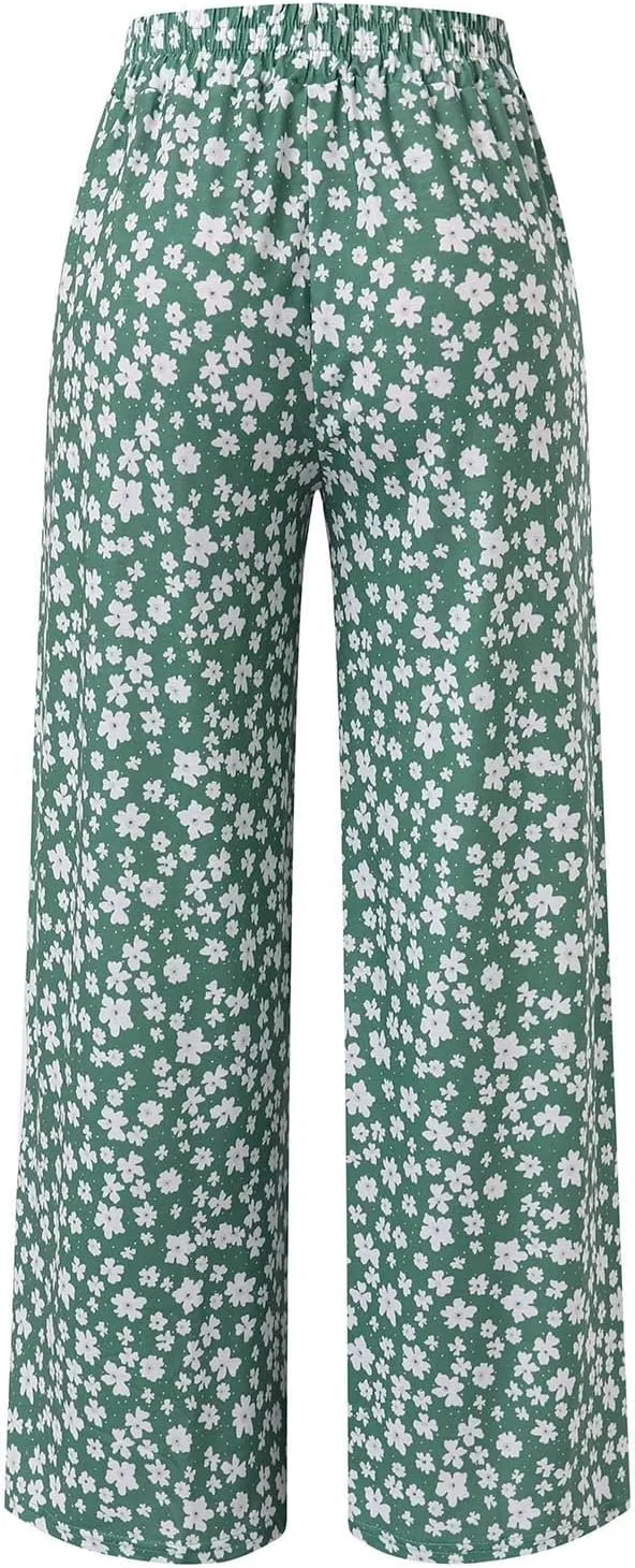 YOLAI Women's Casual Wide Leg Trousers Floral Print Summer Beach Pant Loose High Waist Long Palazzo Pants