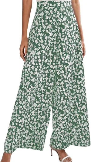 YOLAI Women's Casual Wide Leg Trousers Floral Print Summer Beach Pant Loose High Waist Long Palazzo Pants