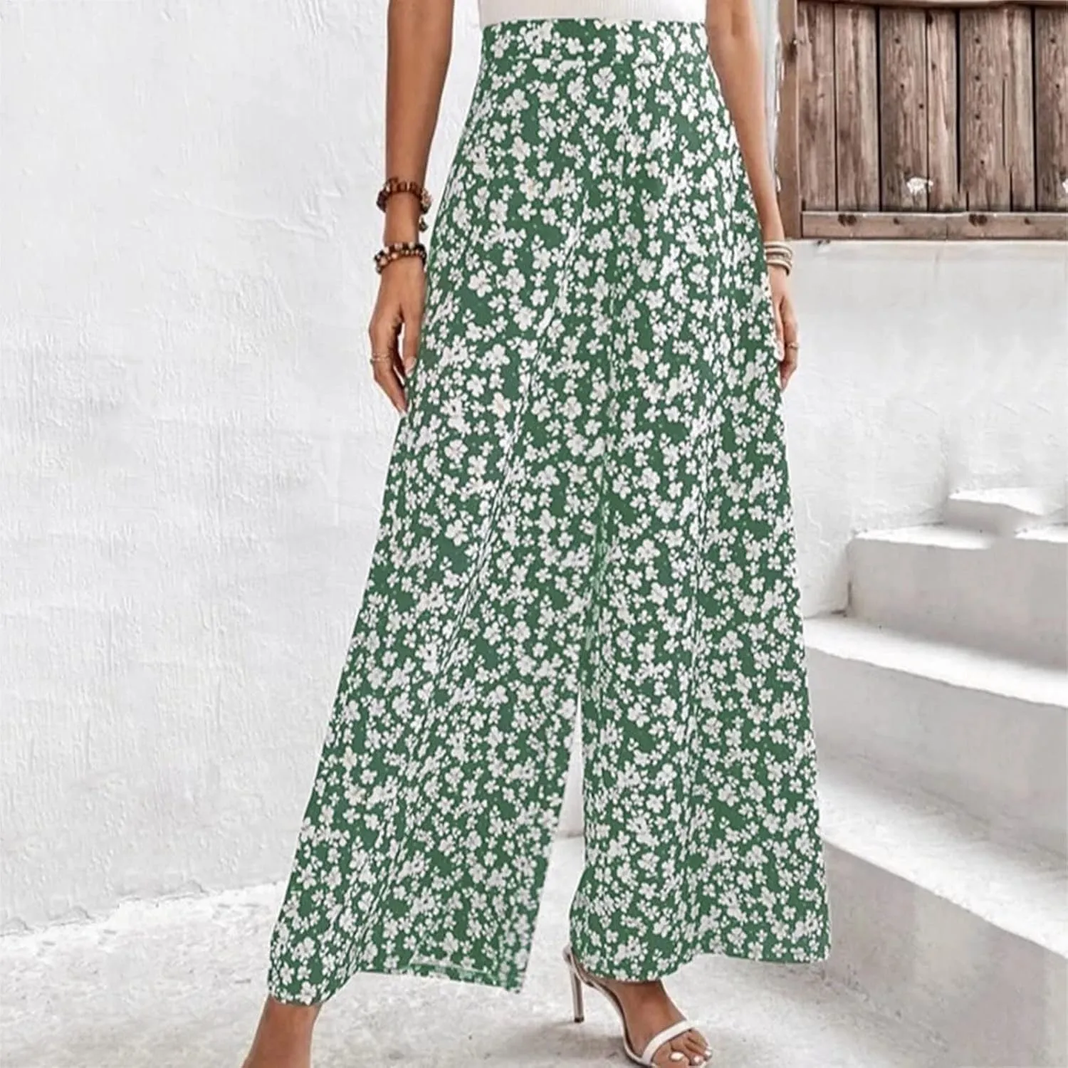 YOLAI Women's Casual Wide Leg Trousers Floral Print Summer Beach Pant Loose High Waist Long Palazzo Pants