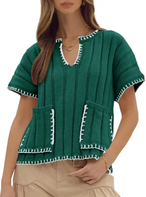 Yousify Womens 2025 Cap Sleeve Sweater Tops Color Constrast Textured Lightweight Pullover Sweaters Summer Clothes