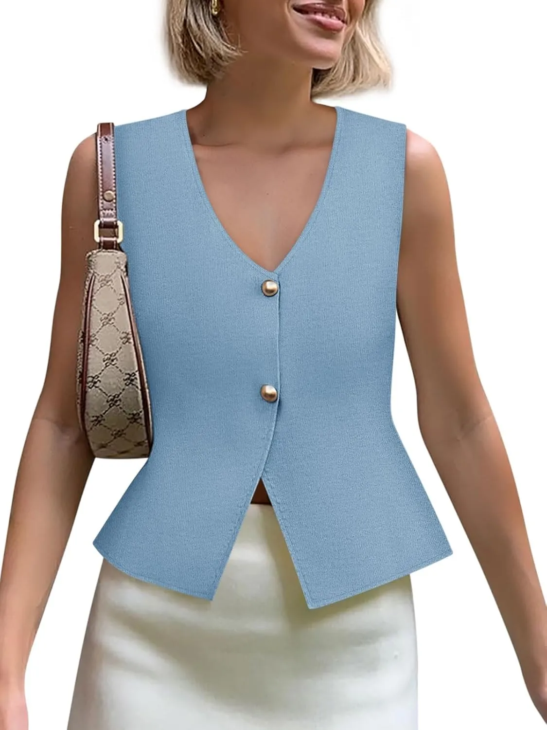 Yousify Womens Sweater Vest V Neck Button Down Crop Knit Tank Top Fashion 2025 Sleeveless Basic Cardigans