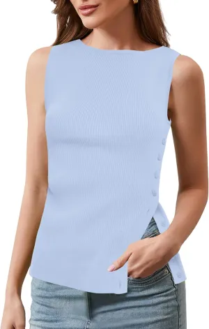 Ythomm Womens Asymmetrical Side-Button Slit Tank Tops Sleeveless Boat Neck Ribbed Knit Sweater Vest Solid Slim Going Out Tops