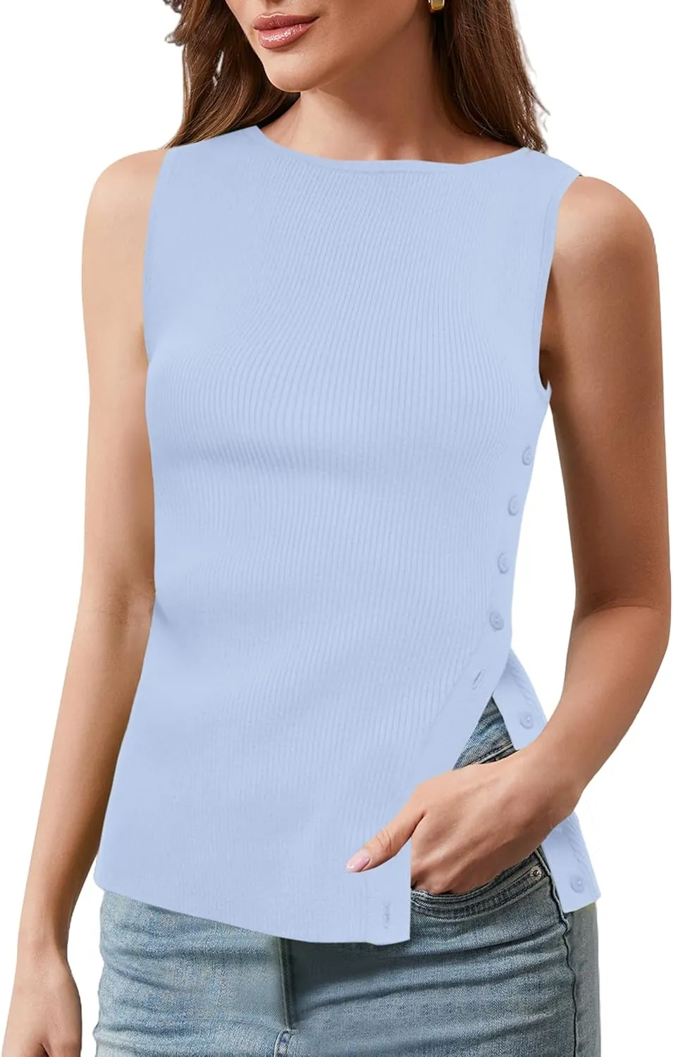 Ythomm Womens Asymmetrical Side-Button Slit Tank Tops Sleeveless Boat Neck Ribbed Knit Sweater Vest Solid Slim Going Out Tops