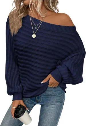 ZAFUL Womens Fall Sweaters Off The Shoulder Batwing Sleeve Textured Knit Tops Oversized One Shoulder Sweater