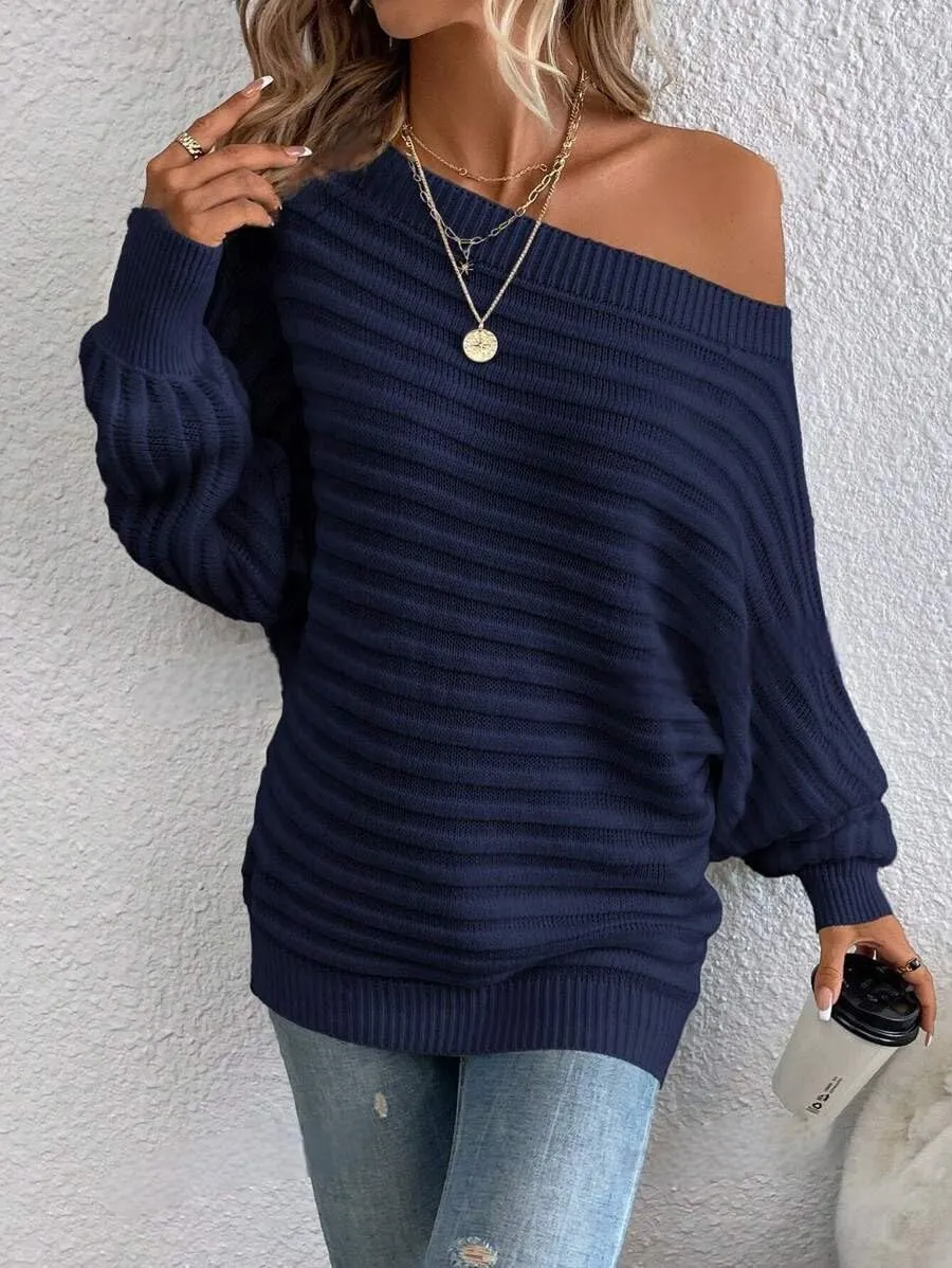 ZAFUL Womens Fall Sweaters Off The Shoulder Batwing Sleeve Textured Knit Tops Oversized One Shoulder Sweater