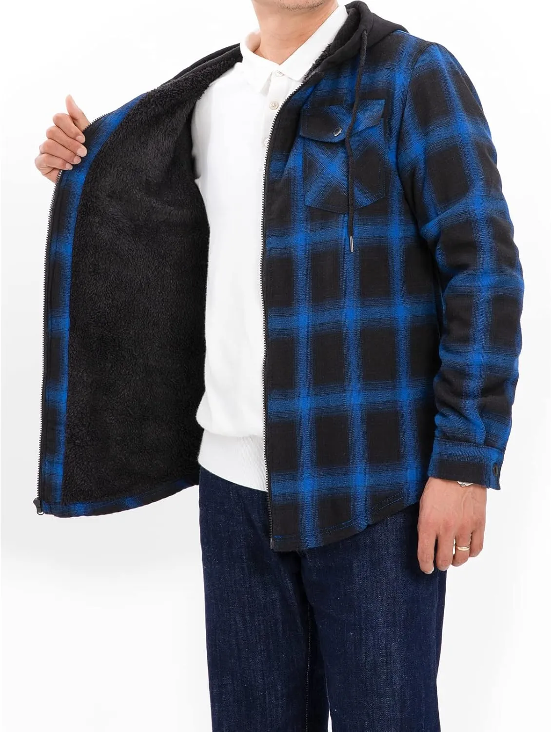 ZENTHACE Men's Sherpa Lined Full Zip Hooded Plaid Shirt Jacket