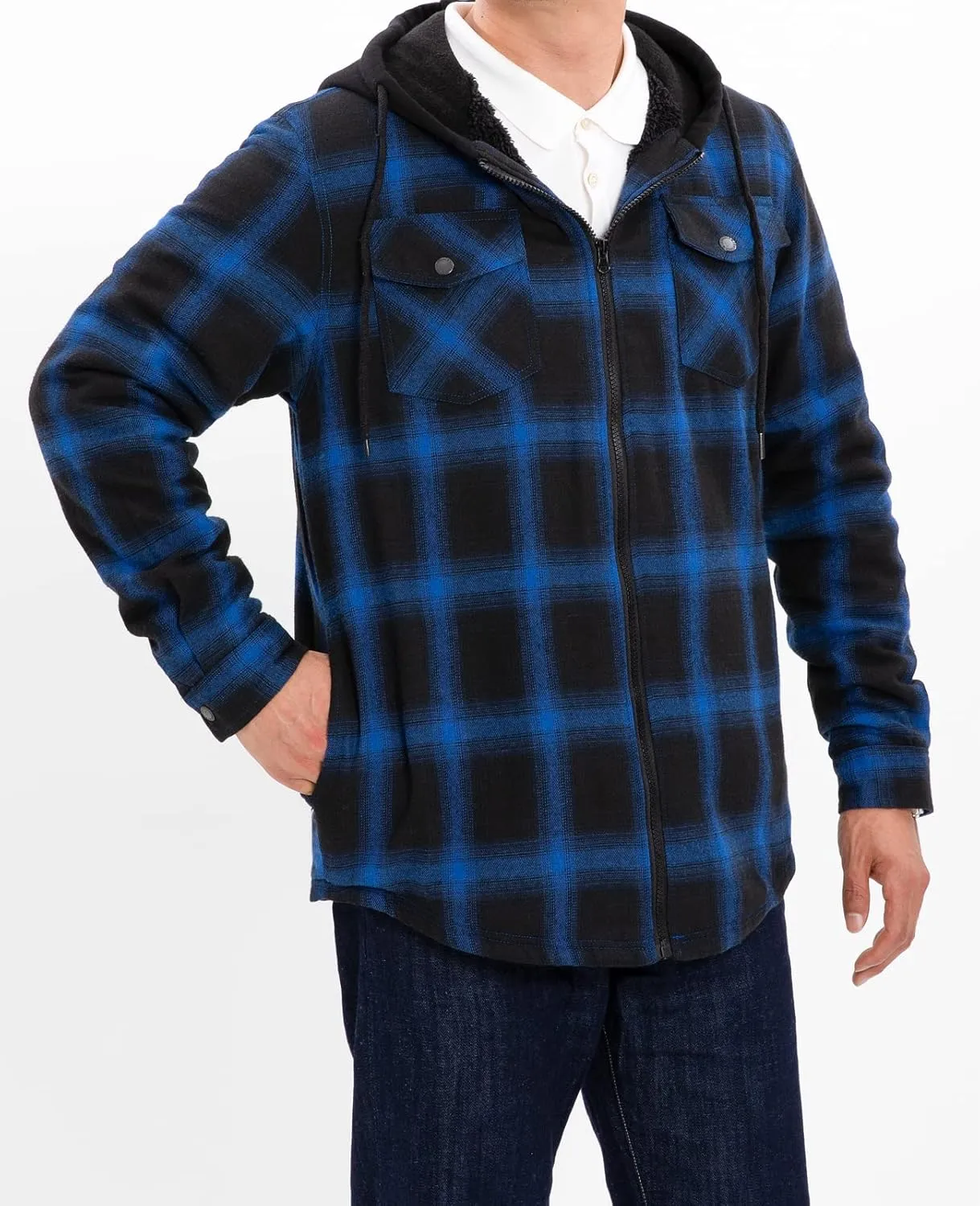 ZENTHACE Men's Sherpa Lined Full Zip Hooded Plaid Shirt Jacket