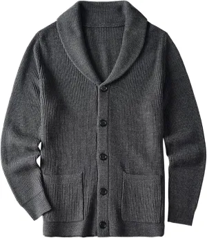 ZHILI Men's Shawl Collar Cardigan Sweater Slim Fit Cable Knit Button up Black Merino Wool Sweater