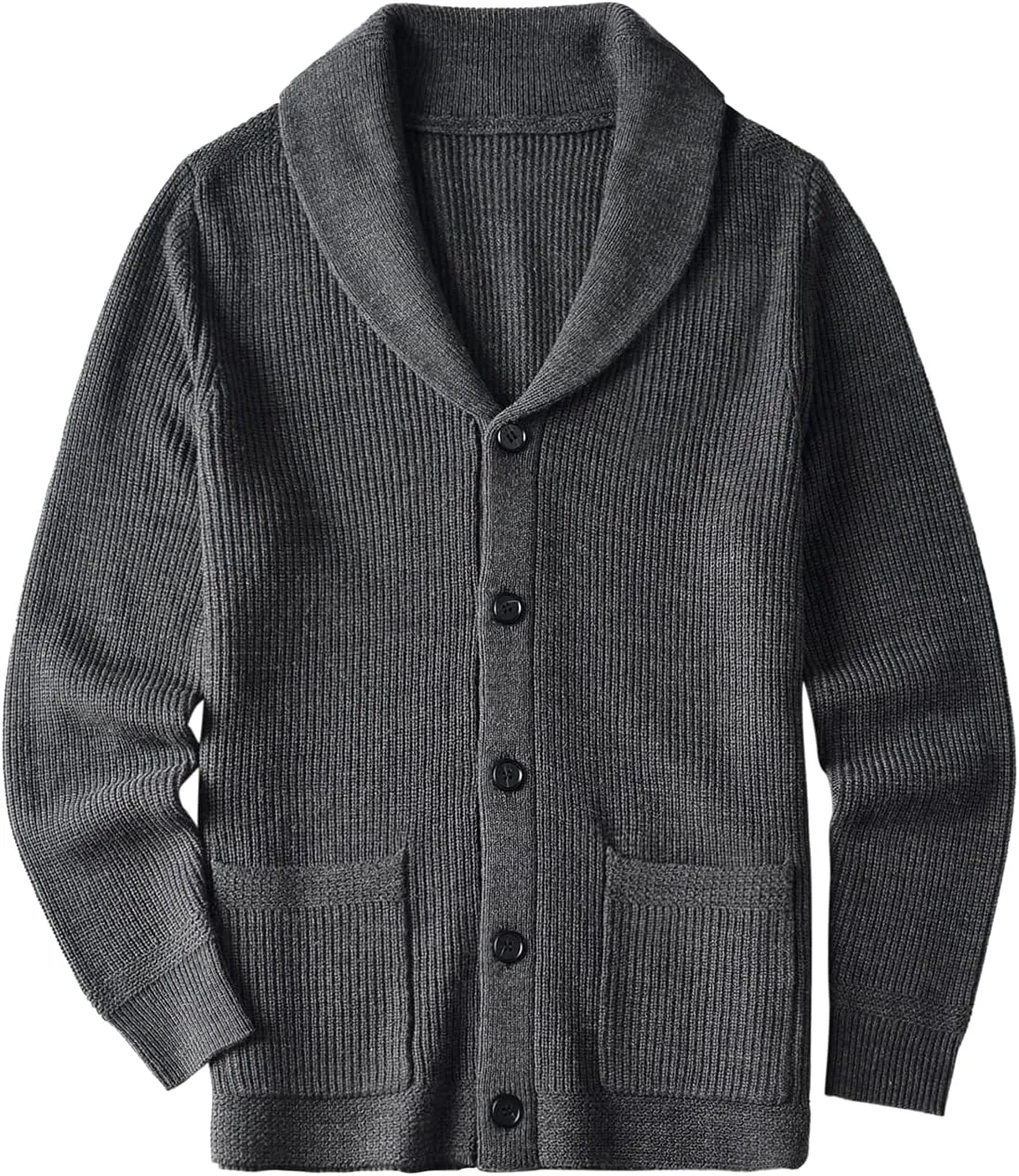 ZHILI Men's Shawl Collar Cardigan Sweater Slim Fit Cable Knit Button up Black Merino Wool Sweater