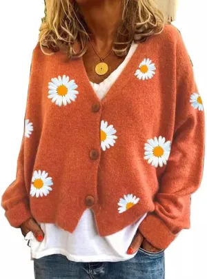ZOCAVIA Women's Floral Knit Sweaters Cardigan Fall Winter Button Down Open Front Casual Flower Embroidered Cropped Sweaters