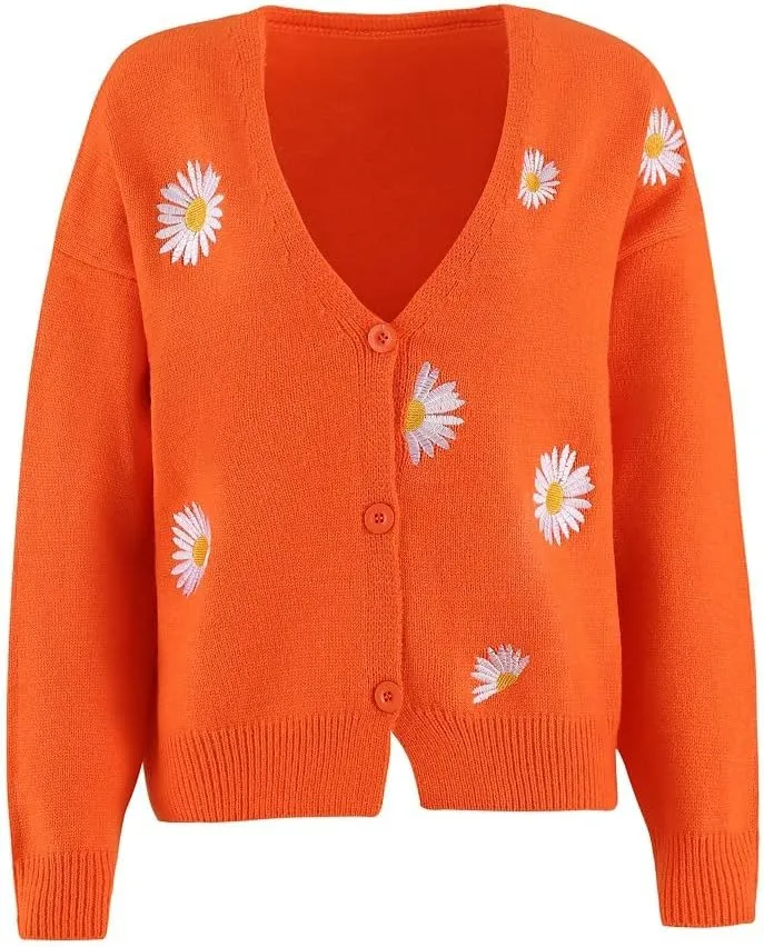 ZOCAVIA Women's Floral Knit Sweaters Cardigan Fall Winter Button Down Open Front Casual Flower Embroidered Cropped Sweaters