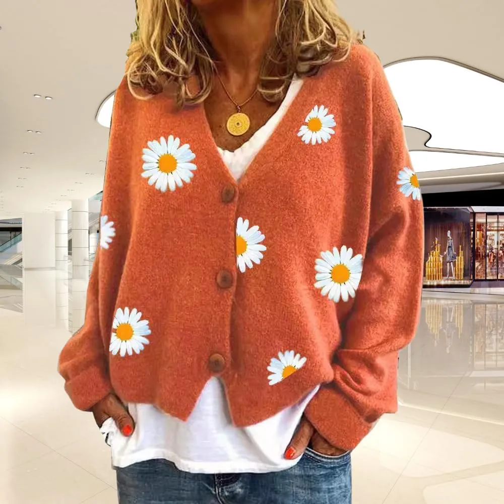 ZOCAVIA Women's Floral Knit Sweaters Cardigan Fall Winter Button Down Open Front Casual Flower Embroidered Cropped Sweaters