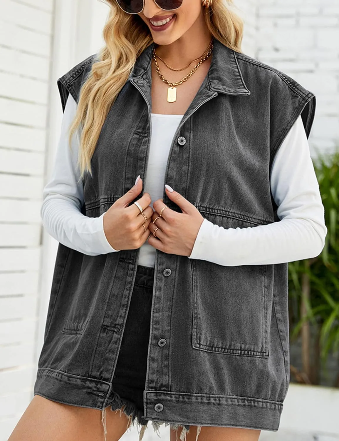 Zontroldy Denim Jean Vest for Women Oversized Sleeveless Button Down Denim Jean Vest Waistcoat Shacket Jacket
