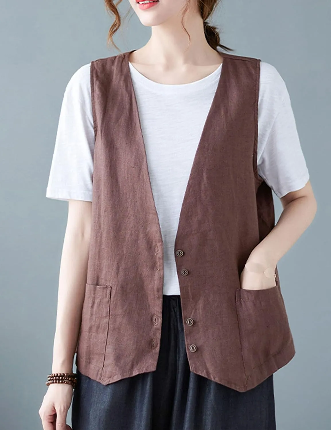 Zontroldy Womens Cotton Linen Vest Casual Loose V Neck Sleeveless Vests Jacket Blazer Waistcoat with Pockets