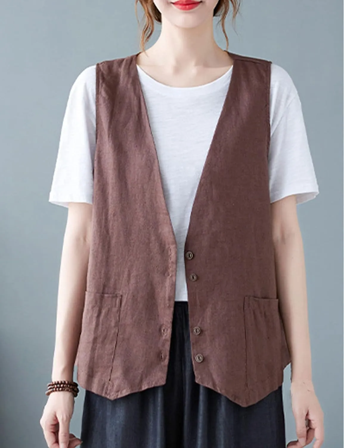 Zontroldy Womens Cotton Linen Vest Casual Loose V Neck Sleeveless Vests Jacket Blazer Waistcoat with Pockets