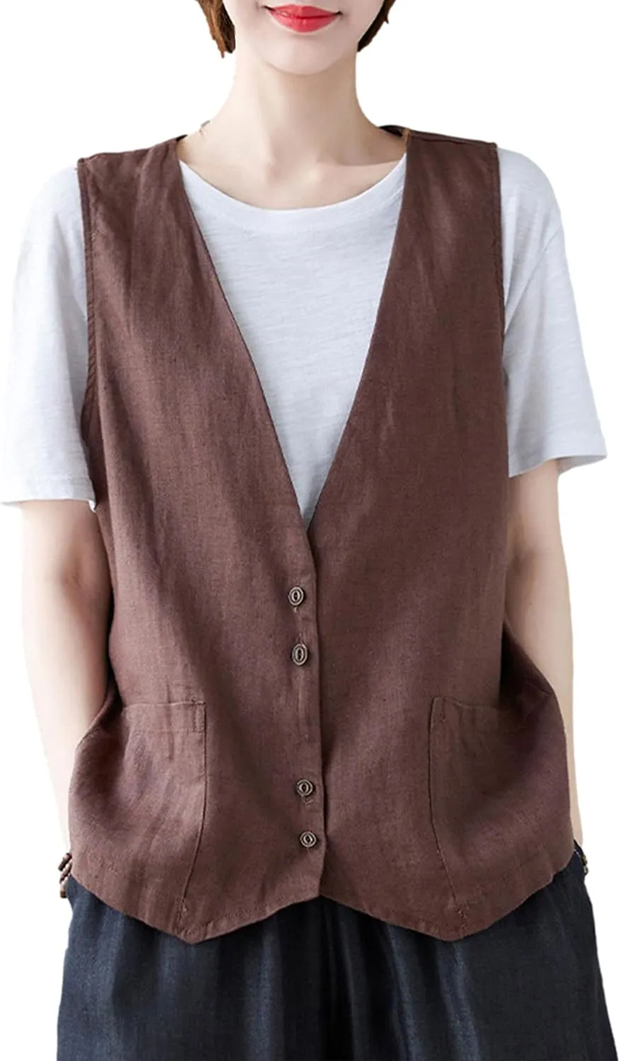 Zontroldy Womens Cotton Linen Vest Casual Loose V Neck Sleeveless Vests Jacket Blazer Waistcoat with Pockets
