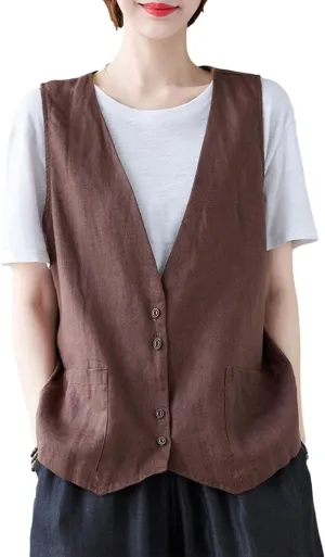 Zontroldy Womens Cotton Linen Vest Casual Loose V Neck Sleeveless Vests Jacket Blazer Waistcoat with Pockets