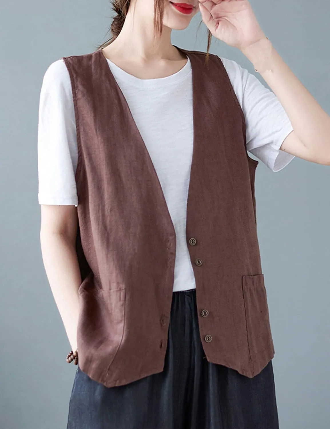 Zontroldy Womens Cotton Linen Vest Casual Loose V Neck Sleeveless Vests Jacket Blazer Waistcoat with Pockets