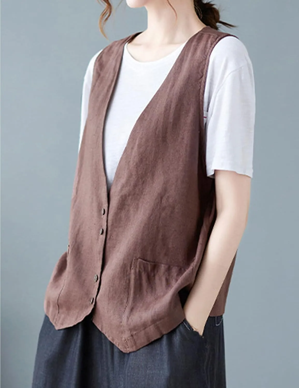 Zontroldy Womens Cotton Linen Vest Casual Loose V Neck Sleeveless Vests Jacket Blazer Waistcoat with Pockets