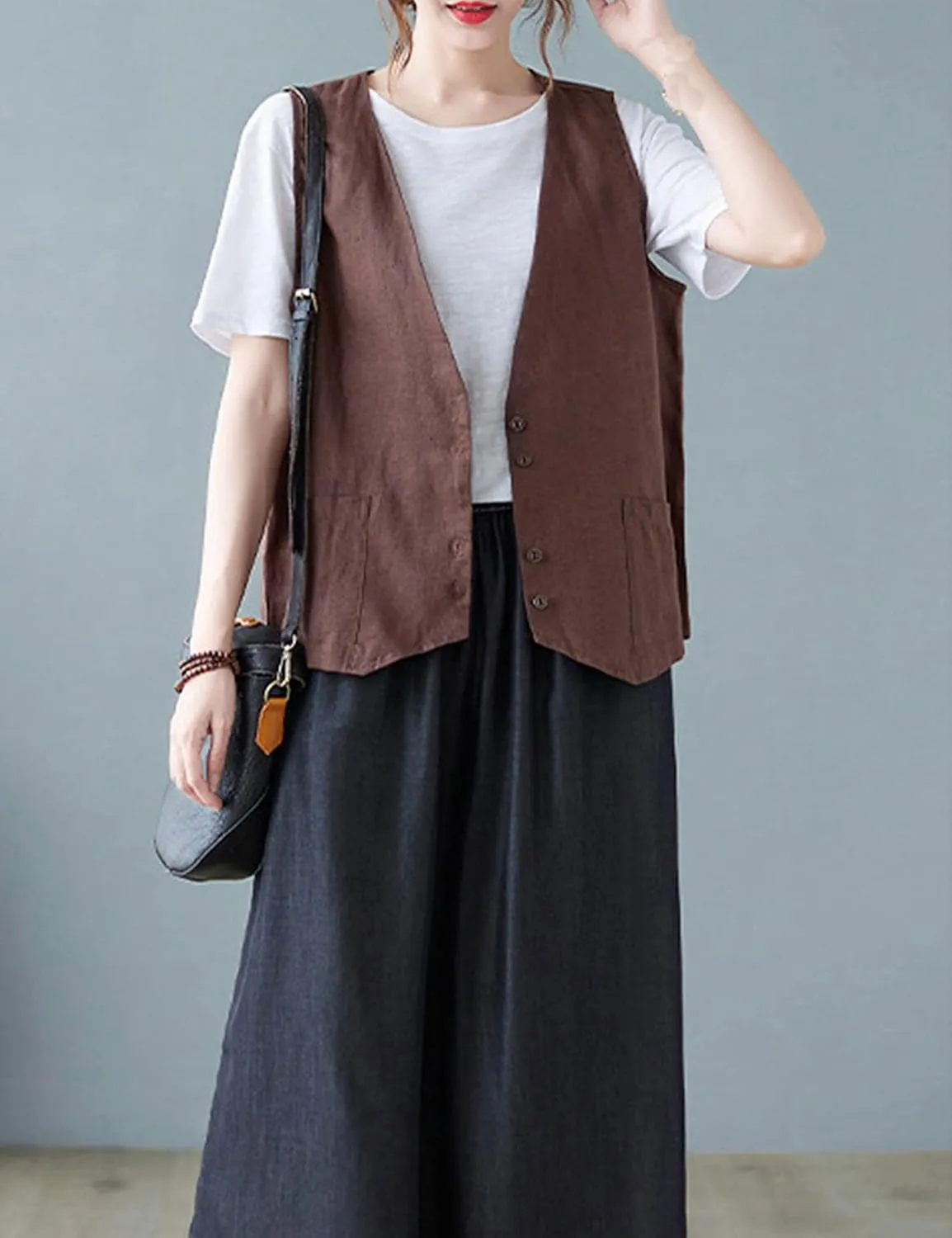 Zontroldy Womens Cotton Linen Vest Casual Loose V Neck Sleeveless Vests Jacket Blazer Waistcoat with Pockets