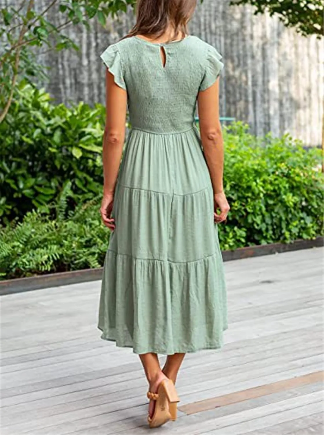 ZWRXW Womens Summer Casual Dresses Flutter Short Sleeve Crewneck Smocked Elastic Waist Tiered Midi Dress Flowy Beach Dress