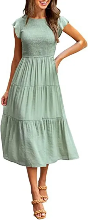ZWRXW Womens Summer Casual Dresses Flutter Short Sleeve Crewneck Smocked Elastic Waist Tiered Midi Dress Flowy Beach Dress
