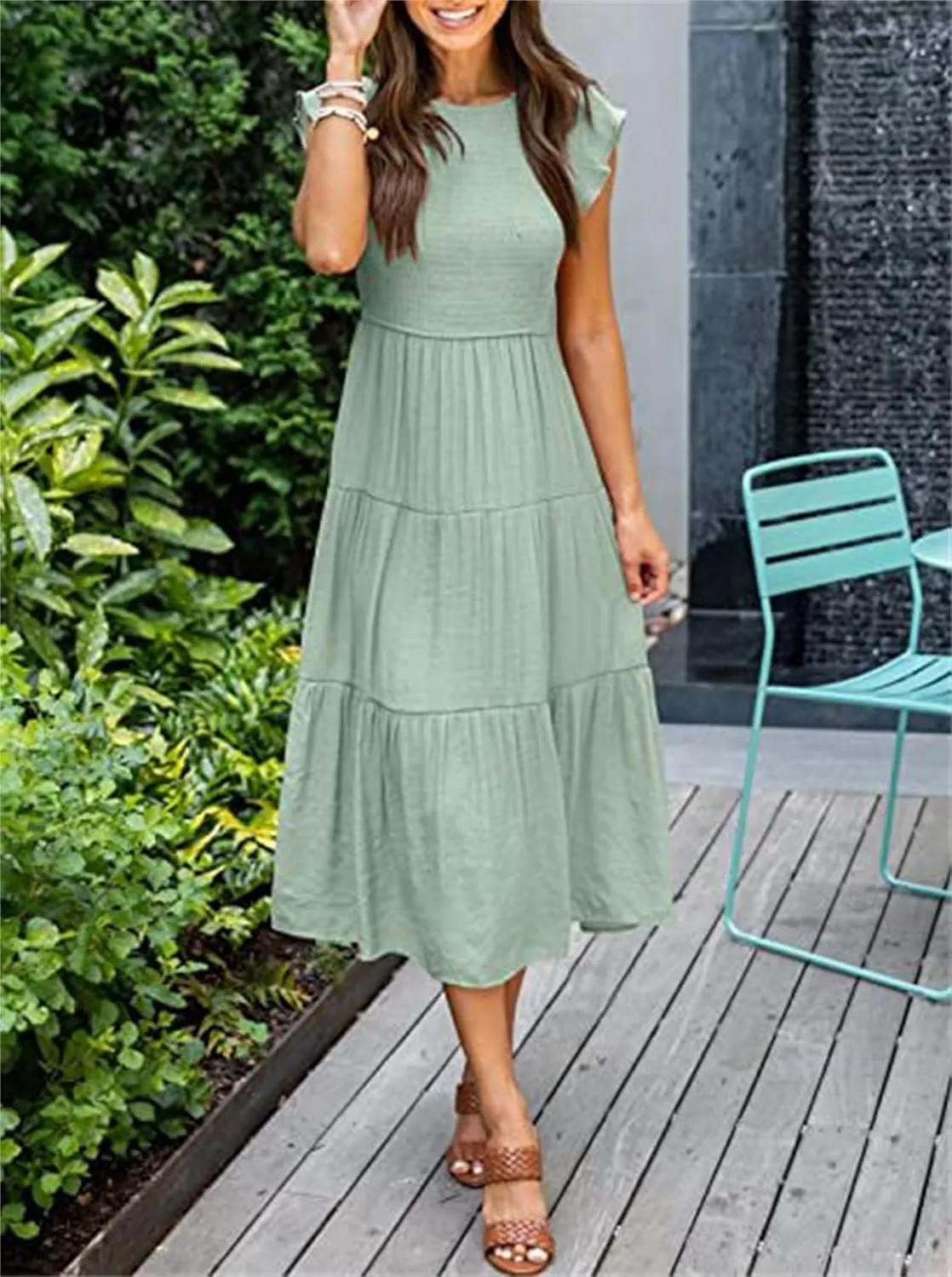 ZWRXW Womens Summer Casual Dresses Flutter Short Sleeve Crewneck Smocked Elastic Waist Tiered Midi Dress Flowy Beach Dress